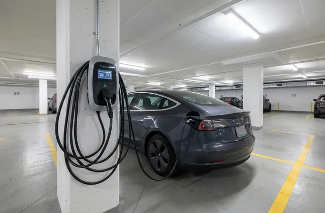 Borne de recharge installée dans un parking de copropriété