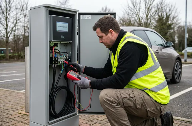 Technicien qui contrôle et dépanne une borne de recharge
