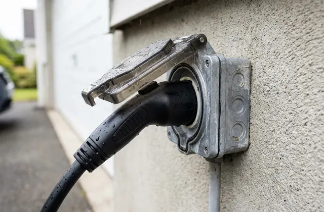Prise renforcée pour véhicule électrique posée sur un mur